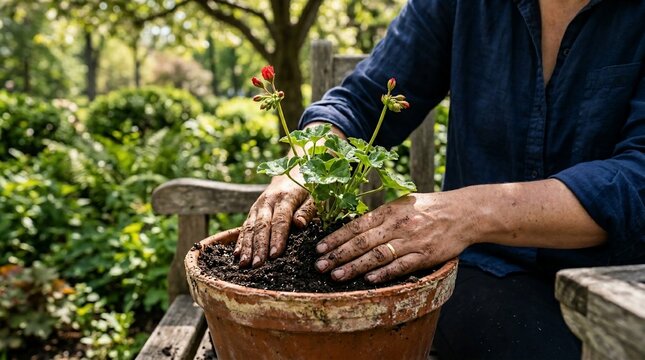 Woman planting red geranium flower in ceramic pot outdoors in garden