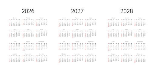 Fototapeta premium Spanish 2027, 2028, 2026 calendar. Vector illustration design template start from Sunday for wall background. Full months for wall calendar