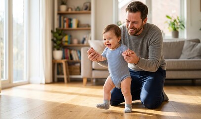 Obraz premium Joyful dad supporting his cute infant's first walking attempts in a sunny living room