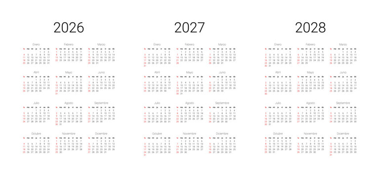 Spanish 2027, 2028, 2026 calendar. Vector illustration design template start from Sunday for wall background. Full months for wall calendar