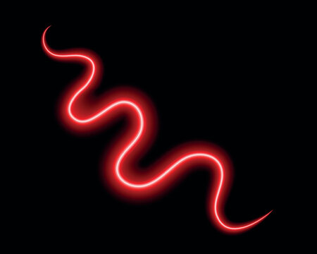 Glowing red neon wavy line on black background with abstract electric luminous