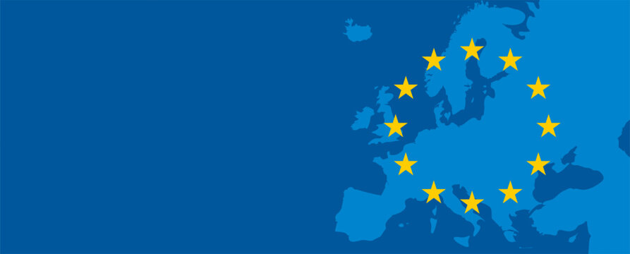 Map of Europe with European Union flag stars on a blue background banner, featuring wide copy space on the left side for text or design templates. vector illustration