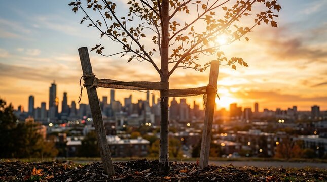Young sapling planted in urban park overlooking city skyline at sunset