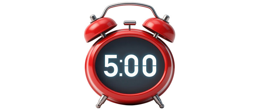 Red Alarm Clock Showing 5 O'Clock Isolated