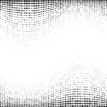 Halftone gradient wave texture frame background. Vanishing grunge gritty noise wallpaper. Black pop art gradient overlay. Weathered pixelated raster comic backdrop. Vector bitmap fading subtle surface