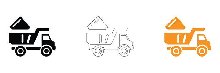 Dump truck icons in black, Line art, And orange on white background for construction and transportation concepts © graphicsart.one