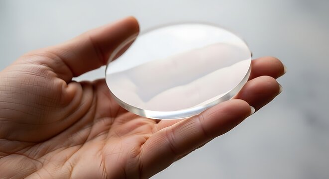 Person holding a clear round optical glass lens against a neutral background