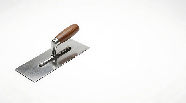 Professional stainless steel plastering trowel with wooden handle on white background