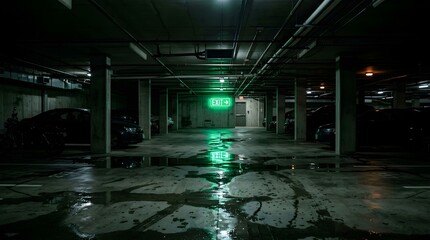 Obraz premium Abandoned industrial corridor with eerie green emergency lighting casting shadows on wet concrete floor