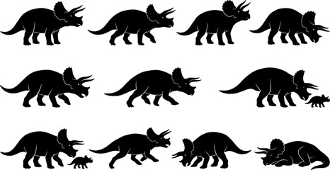 Obraz premium Triceratops dinosaur silhouette pack illustrating horned herbivores walking and grazing with their young offspring