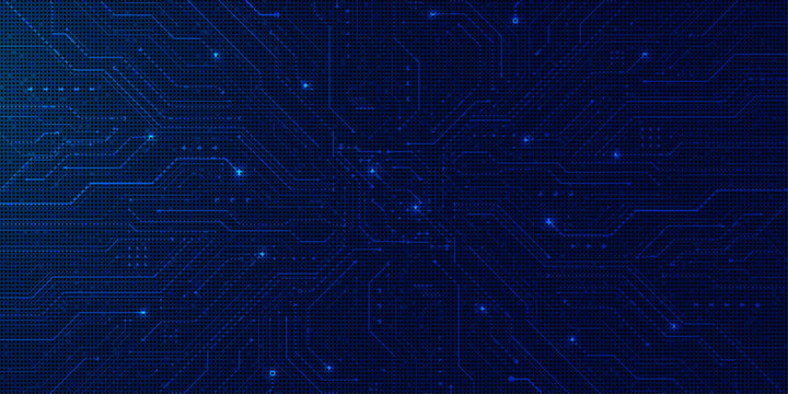 Dark blue abstract technological background with intricate circuit board patterns.