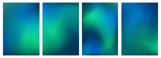 Abstract blurred blue green backgrounds collection, turquoise dark gradient mesh, glowing soft effect, smooth modern vector design, fluid atmospheric backdrop set © Hanna
