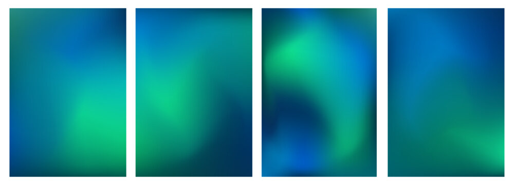 Abstract blurred blue green backgrounds collection, turquoise dark gradient mesh, glowing soft effect, smooth modern vector design, fluid atmospheric backdrop set