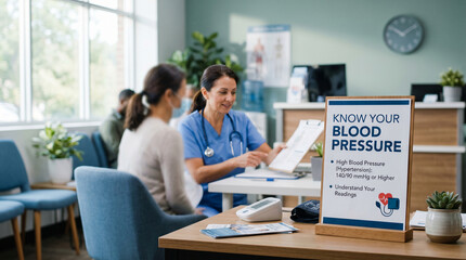 Fototapeta premium Know Your Blood Pressure Heart Health Sign In Clinic During Patient Consultation With Nurse
