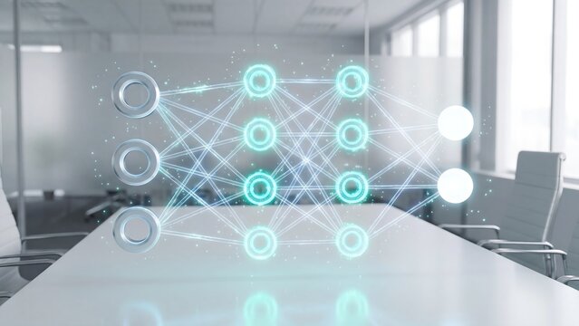 Deep Learning Neural Network Architecture Visualization Floating in Modern Conference Room for AI Research and Enterprise Machine Learning