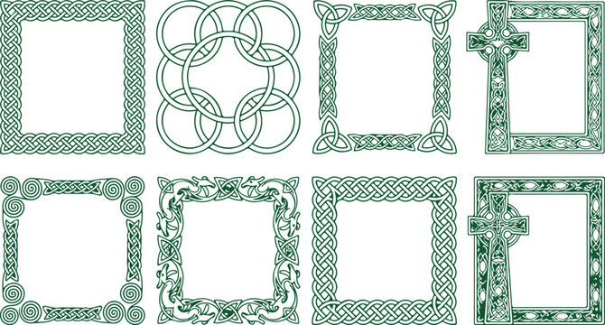 Green celtic knot frames and borders vector collection on transparent background.