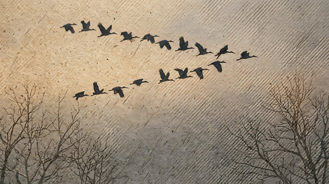 A majestic stork flock migrating south across a dramatic overcast autumn sky during a rainy evening showcasing natural seasonal avian migration and wild instinct in a moody atmosphere.