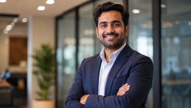 High resolution corporate portrait of a smiling Indian businessman in a smart blue suit. This high quality photo is perfect for career consulting, corporate media, and professional ads.