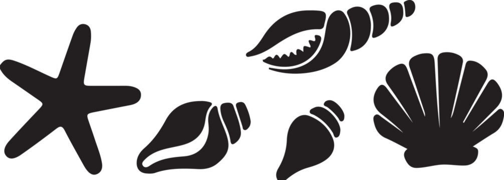Black silhouettes of sea shells and starfish