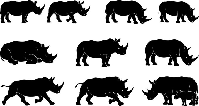 Rhinoceros silhouette set showing different walking standing and mother with calf poses for conservation graphics