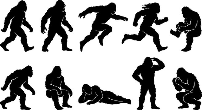Sasquatch bigfoot silhouette bundle featuring the mythical ape man in various active and thinking poses