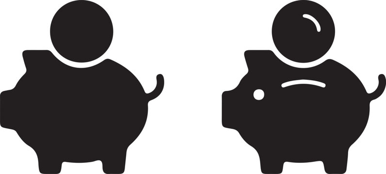 Black piggy bank icons with coins on white background