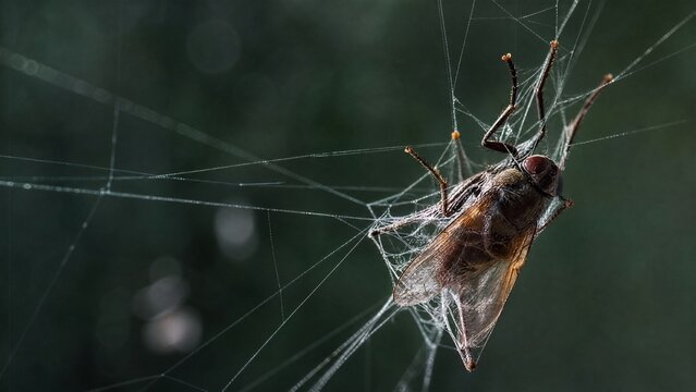entrapment. Insect trapped in intricate spider web, natural macro photography with soft background. wildlife magazines, conservation campaigns, designed for wildlife conservation campaigns.
