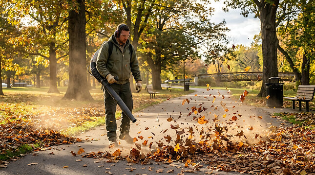 Landscaper operating a leaf blower machine to clear dry autumn foliage from a park pathway, professional ground worker performing seasonal garden maintenance and debris removal during fall cleanup.