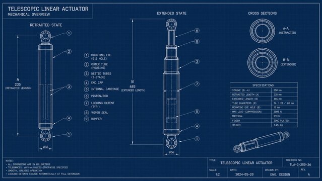 telescopic. Technical illustration of a telescopic mechanism showing retracted and extended states. STEM education sheets.