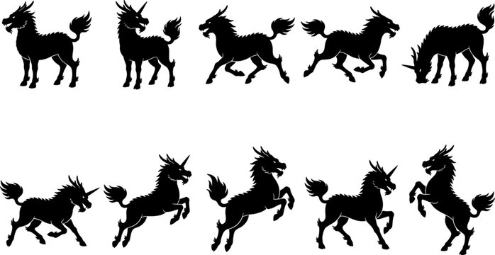 Kirin mythical creature set featuring qilin silhouettes in powerful galloping and jumping poses
