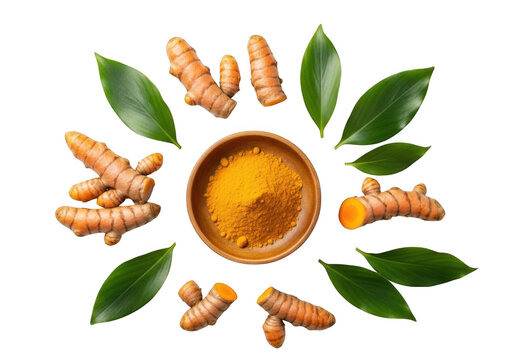 Turmeric roots powder and leaves arranged in a circular composition on transparent background root curcuma