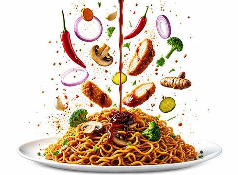 Flying Ingredients Above Stir Fried Noodles with Chicken and Vegetables Isolated on White Background