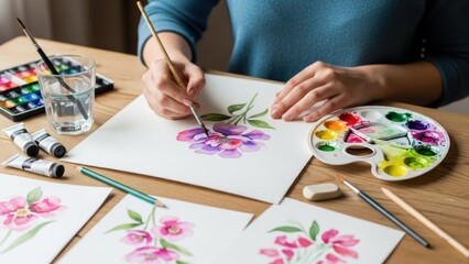 Naklejka premium A person in a blue shirt painting colorful flowers on paper with watercolors