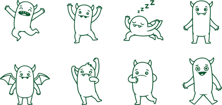 Funny monsters collection set vector flat design happy friendly characters.