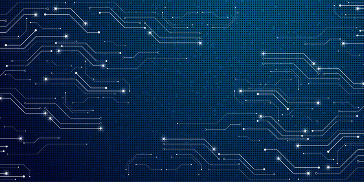 Abstract technological background with interconnected lines and luminous dots on a blue textured surface.