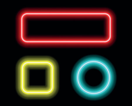 Neon illuminated red rectangle yellow square and cyan circle frames