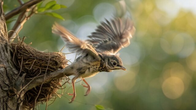 fledgling. A young bird's first flight attempt, wings flapping as it descends. wildlife magazines, conservation campaigns, designed for eco-tourism storytelling and wildlife conservation campaigns.