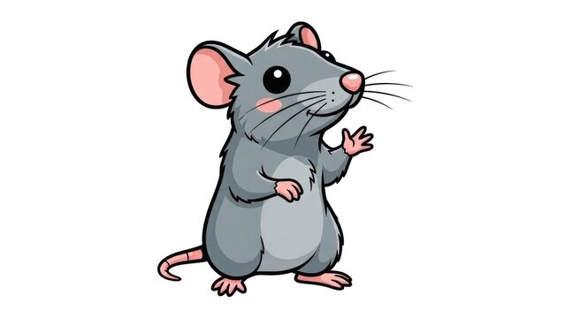 A grey cartoon mouse stands on hind legs with one hand raised