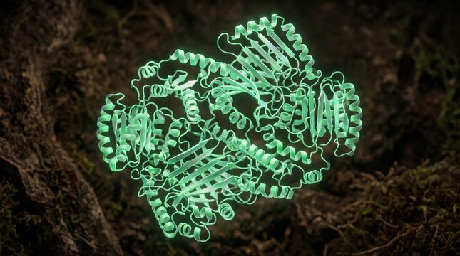 Detailed 3D rendering of a glowing green protein molecule structure with alpha helices and beta sheets against a dark natural background