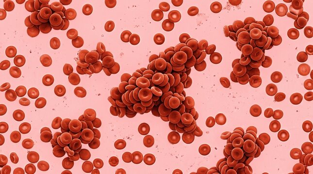 Microscopic view of red blood cells clumping together forming a blood clot on a pink background scientific medical illustration