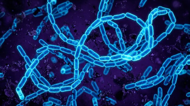 Microscopic view of blue rod shaped bacteria forming chains in a dark purple background scientific illustration