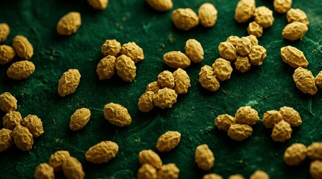 Microscopic view of yellow pollen grains scattered on a textured green surface, detailed and abstract
