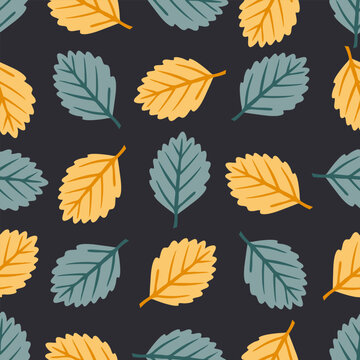 Autumn leaves pattern. Green and yellow autumn leaves on dark background. Vector eamless pattern.