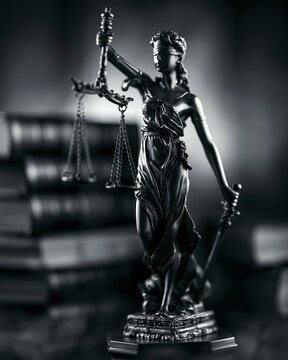 Medium shot of a blindfolded Lady Justice statue on a floating pedestal sharply focused against blurred stacks of legal books and case files in a misty monochrome courtroom