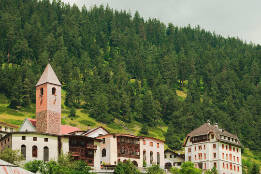 Valsot, Switzerland  - Jul 19, 2023: Ramosch, the pitoresque Alpine village in the district of Inn in the Swiss canton of Graub&uuml;nden, Switzerland