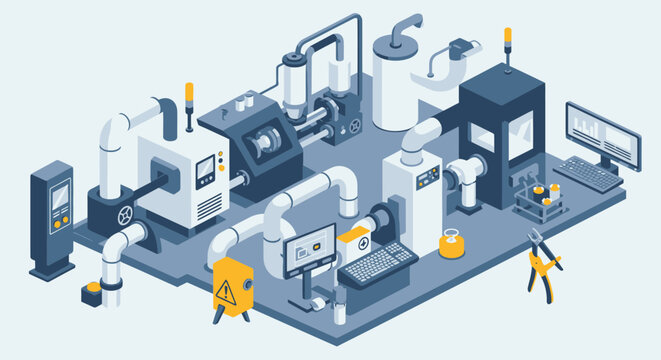 An isometric 3d illustration of a robot with a laptop joining a circle of business people in an urban office building network scene