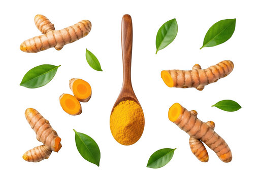 Turmeric rhizomes powder and leaves composition on transparent background root curcuma longa spice rhizome yellow