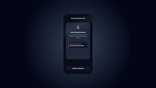 Critical Installation Failure Alert Message Screen with Security Integrity Hash Error Code Dark Mode System Terminal Mobile UI Design