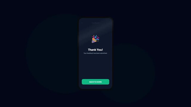 Mobile App Feedback Submission Success Screen Animated Concept with Party Popper Icon and Back to Home Button Dark Mode User Interface UI Design