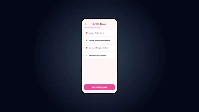 Mobile application activity stream notification center screen with pink pastel girly style theme UI UX concept